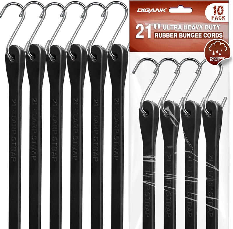 Digank Bungee Cords Heavy Duty Outdoor 21", 10 Pack Rubber Bungee Straps with Metal S Hooks, EPDM Tarp Straps for Cargo, Canopy, All-Weather Use, 180 lbs Load - Image 1